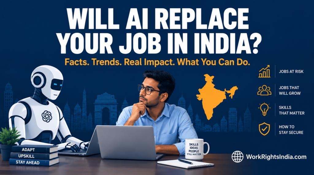 AI and the future of jobs in India showing an Indian professional working alongside artificial intelligence